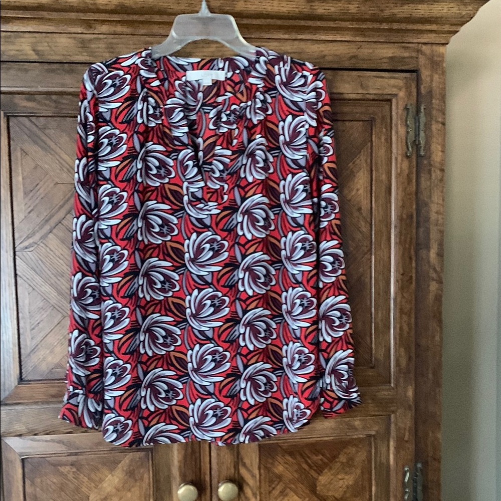 LOFT Red and Black Floral Blouse